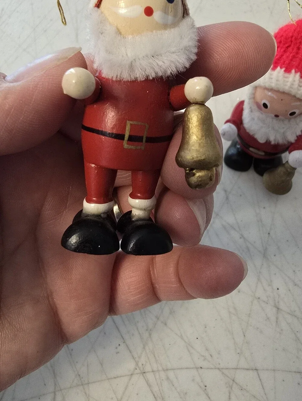 2 Small Vintage Wooden Santa Clauses with Bells Handpainted Christmas Ornaments